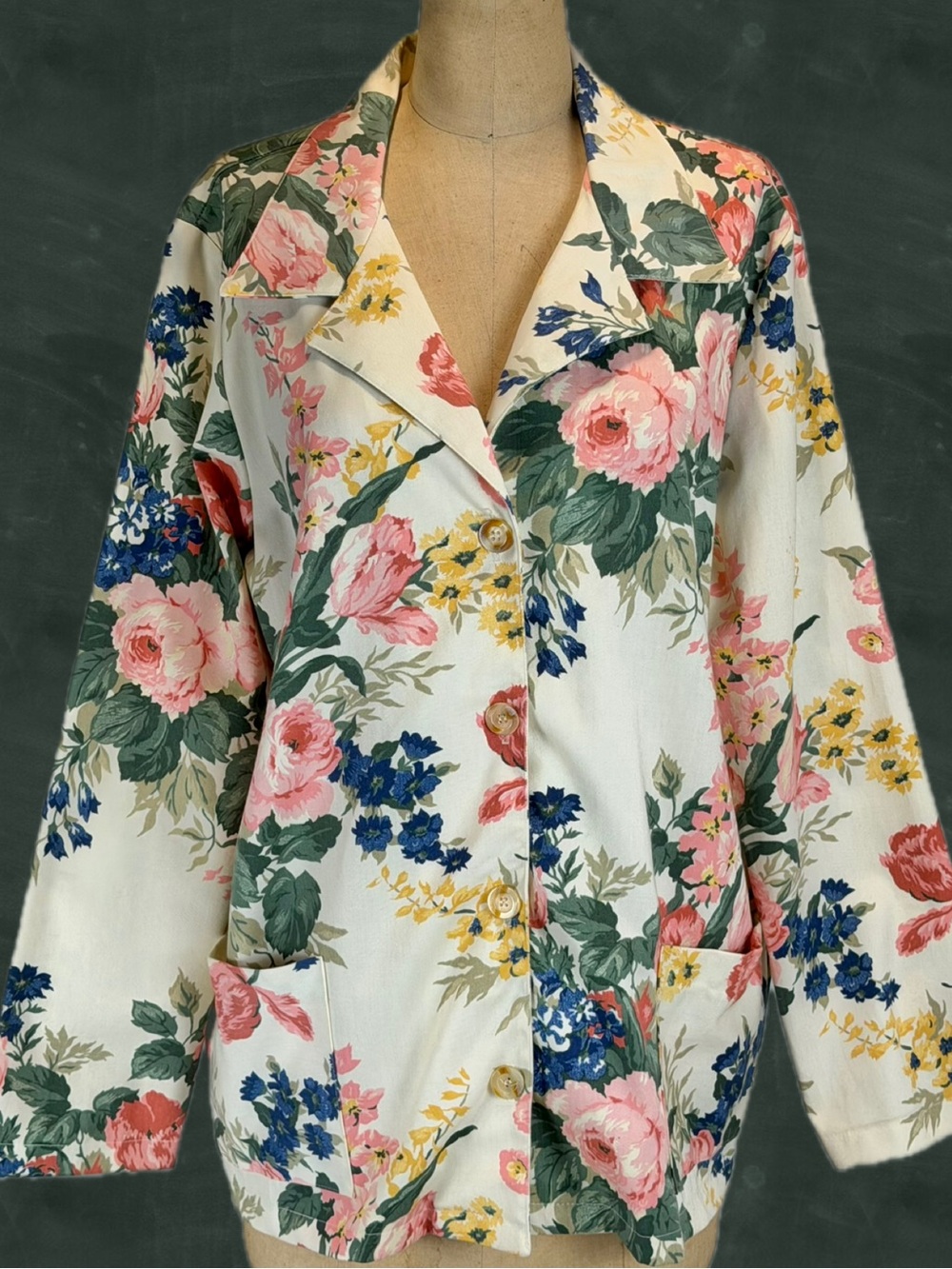 VINTAGE 80s flower garden blazer‎ womens jacket lightweight floral shabby chic